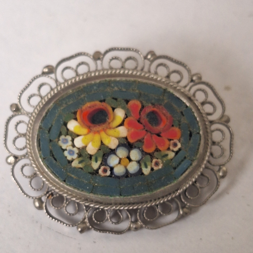 Vintage Oval Micro Mosaic Silver Tone Floral Brooch Pin Multicolor 1 1/4"